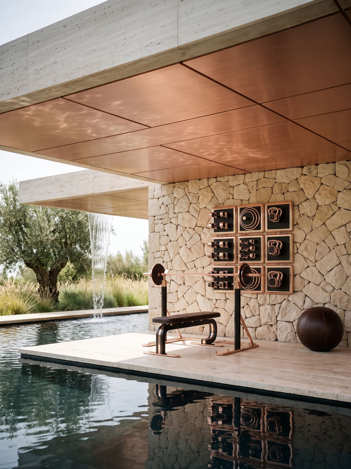 Rendering of an open-air wellness space beside a pool, under a copper ceiling: on a stone wall, an Alama Studio storage system of nine framed modules holds dumbbells, plates and kettlebells, and in front stand a bench, a barbell on its rack and a leather yoga ball, with an olive tree and a stream of water falling into the pool beyond.