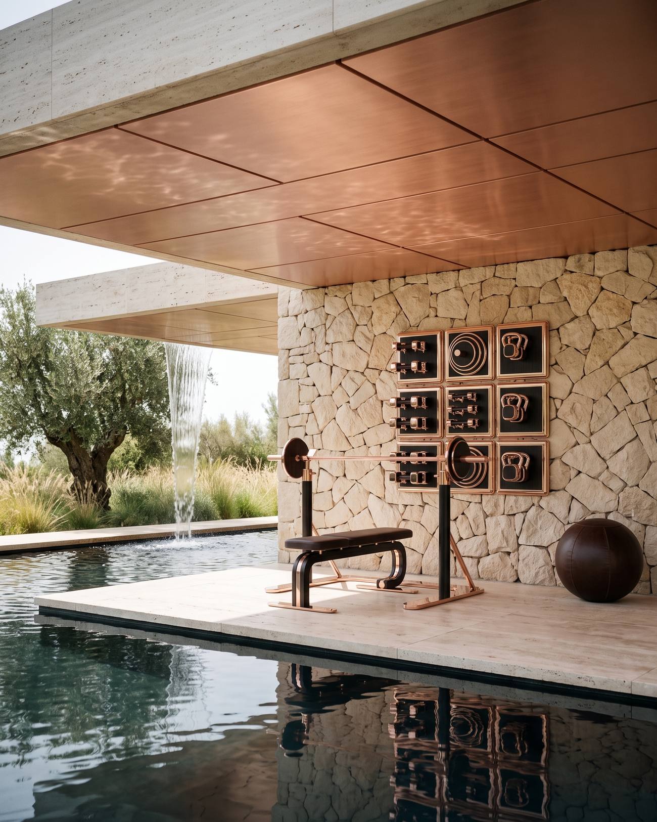 A poolside wellness pavilion in travertine and copper, with an Alama wall display and bench beside the water.