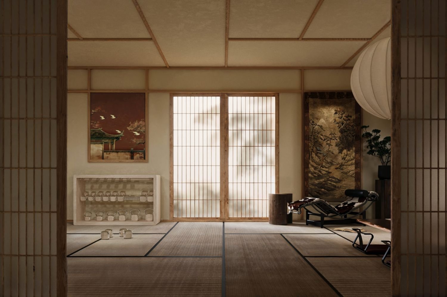 A minimal Japanese residence with shoji screens and an LC4 chaise, an Alama storage wall set within the space.