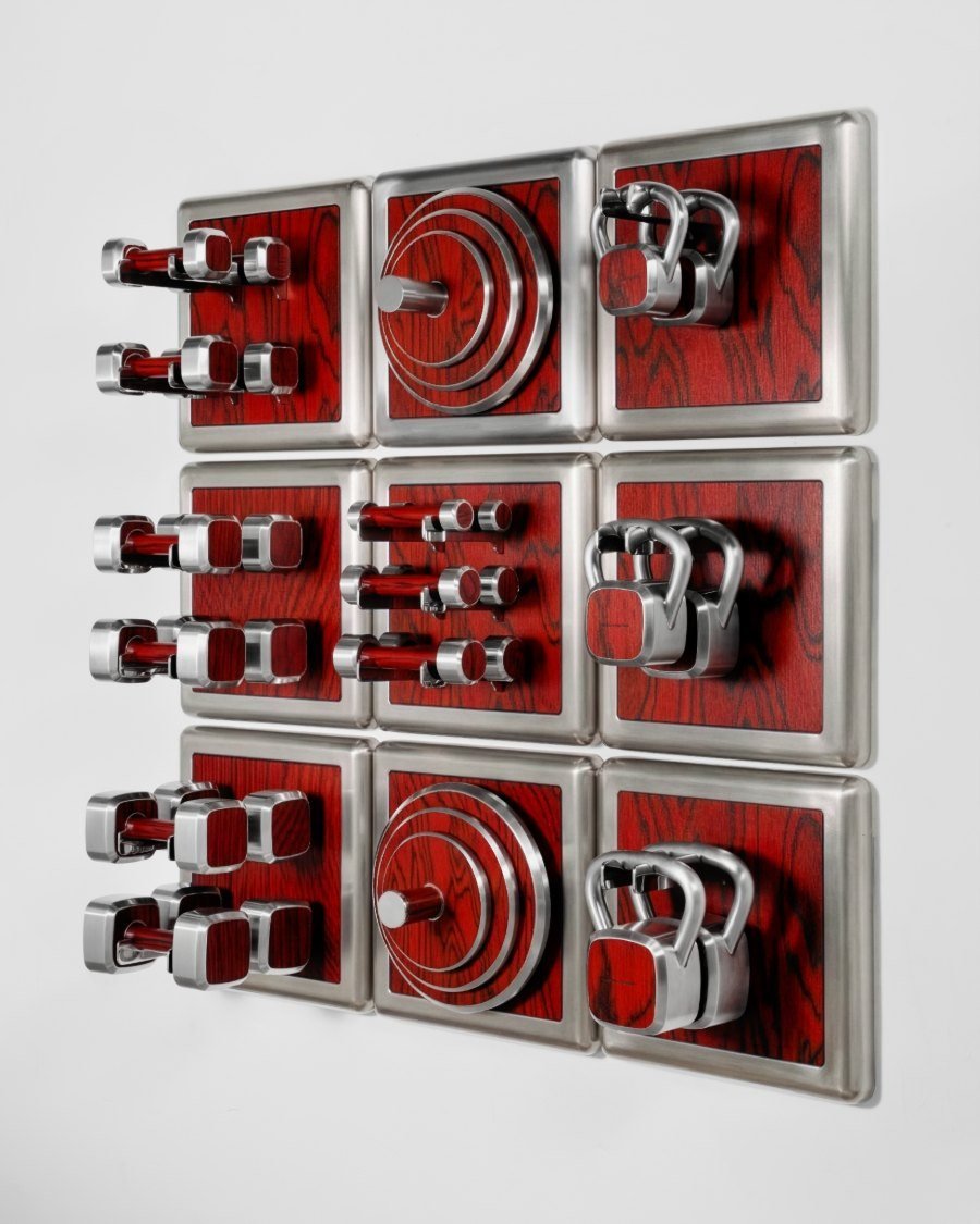 An Alama wall storage system: a nine-module bulkhead grid in steel and red ALPI wood holding the full setup of dumbbells, kettlebells, plates and small weights.