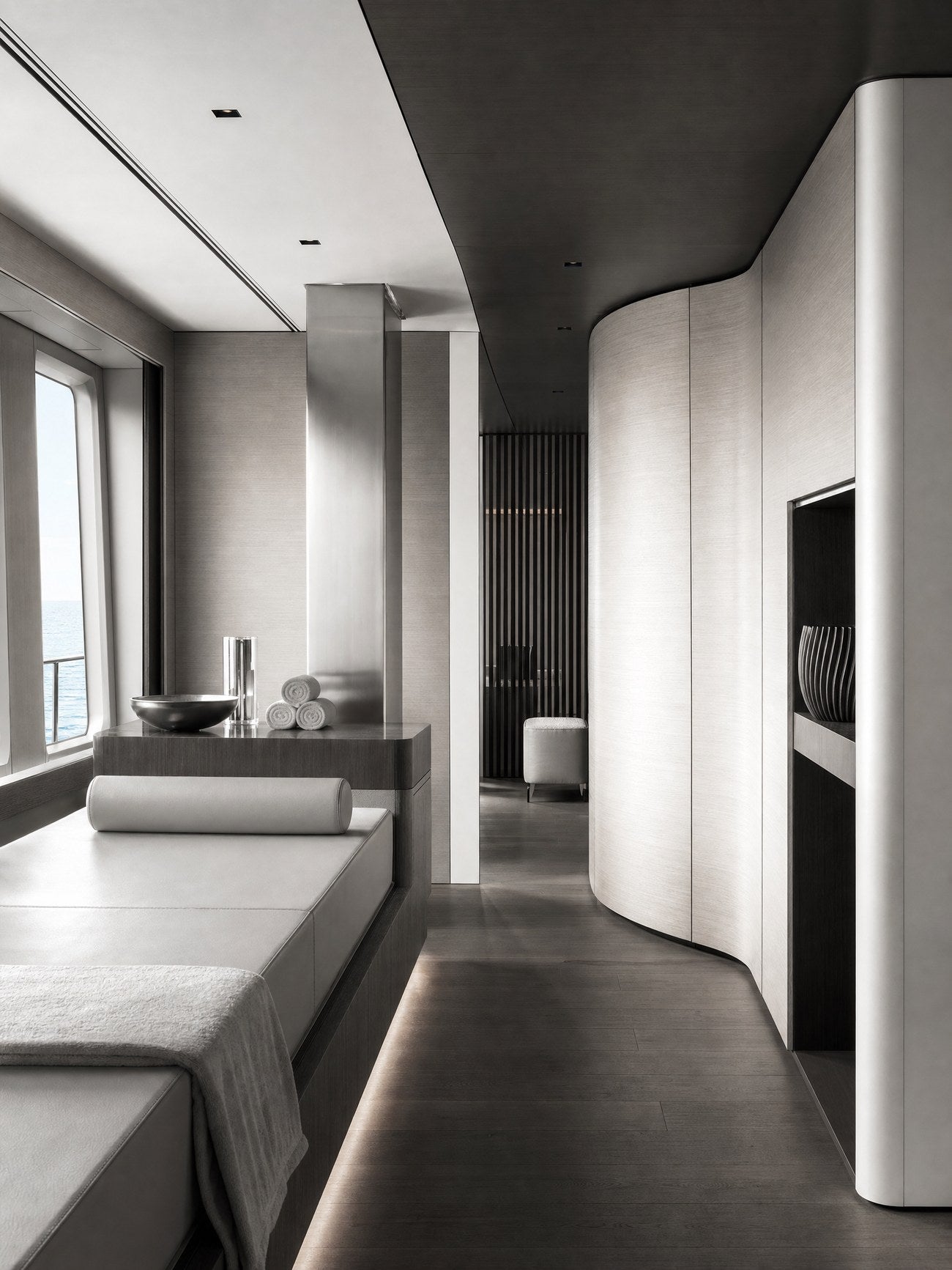 A charter superyacht wellness lounge in ALPI wood, marine-grade steel and Italian leather, calm and brochure-ready.
