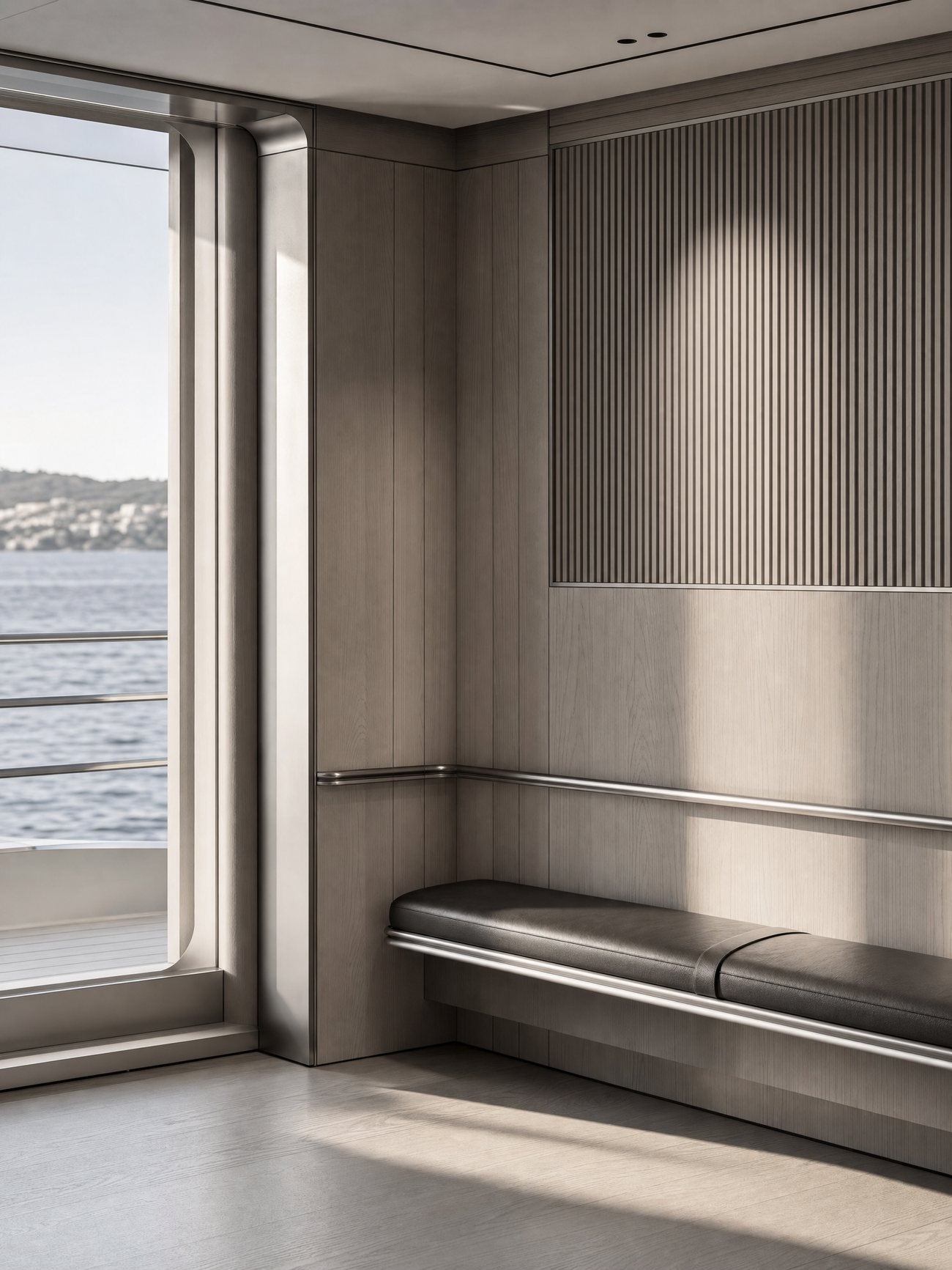 A superyacht cabin wellness corner at new-build completion, in pale ALPI wood and brushed marine-grade steel, with a leather bench and a sea view.